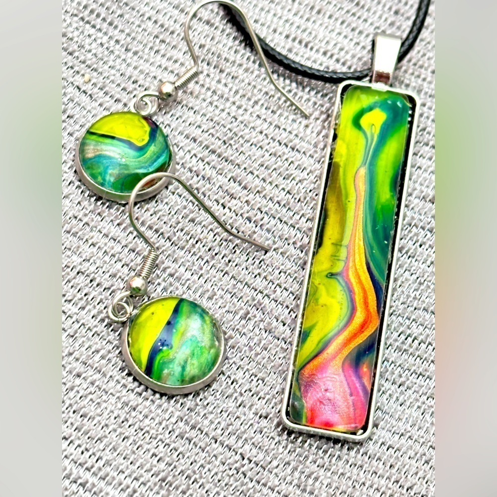 Jewelry Set Original Acrylic Pour Painting Colorful Abstract Art signed 5513 Y